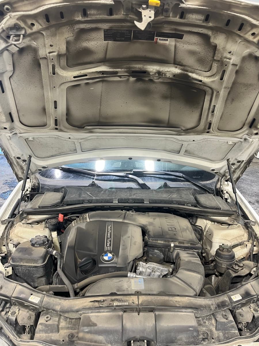 Dirty engine bay before professional engine compartment detail cleaning